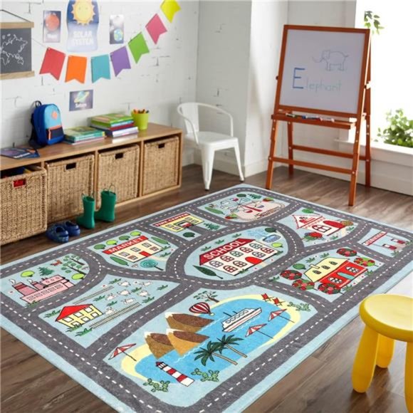 Large Playroom Rug 5'x7' Kids Play Mat for Classroom, Road Traffic Carpet